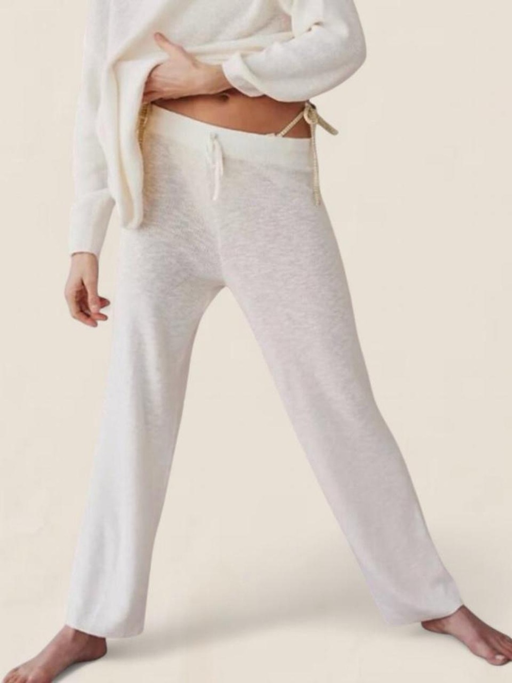 free people cream neutral wide leg knit lounge pull on pants | xs